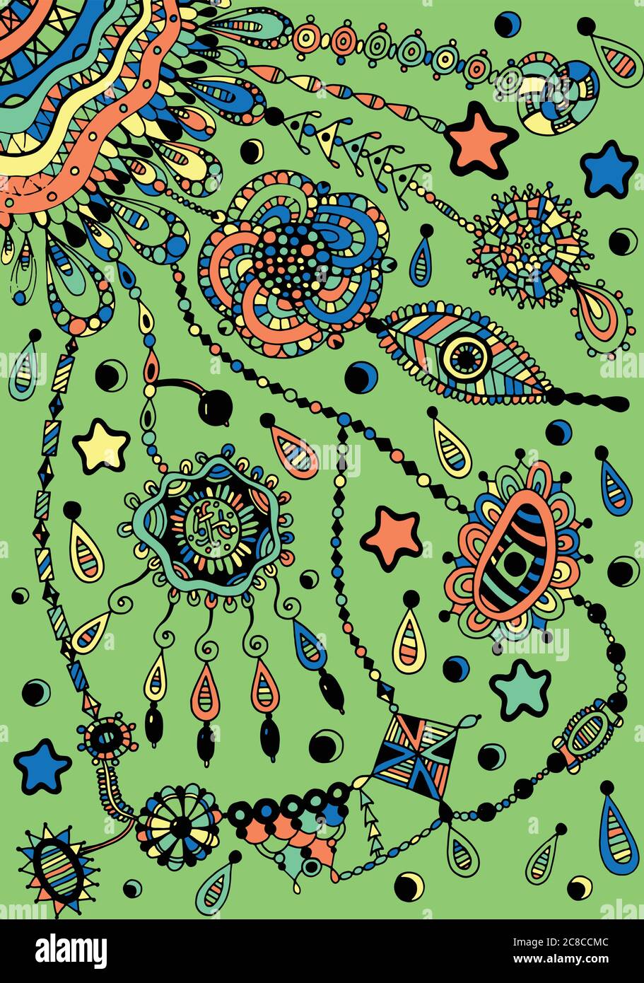 Dreamcatcher schamanische bunte Kunstwerk. Auge, Sterne, Perlen - Trib Stock Vektor