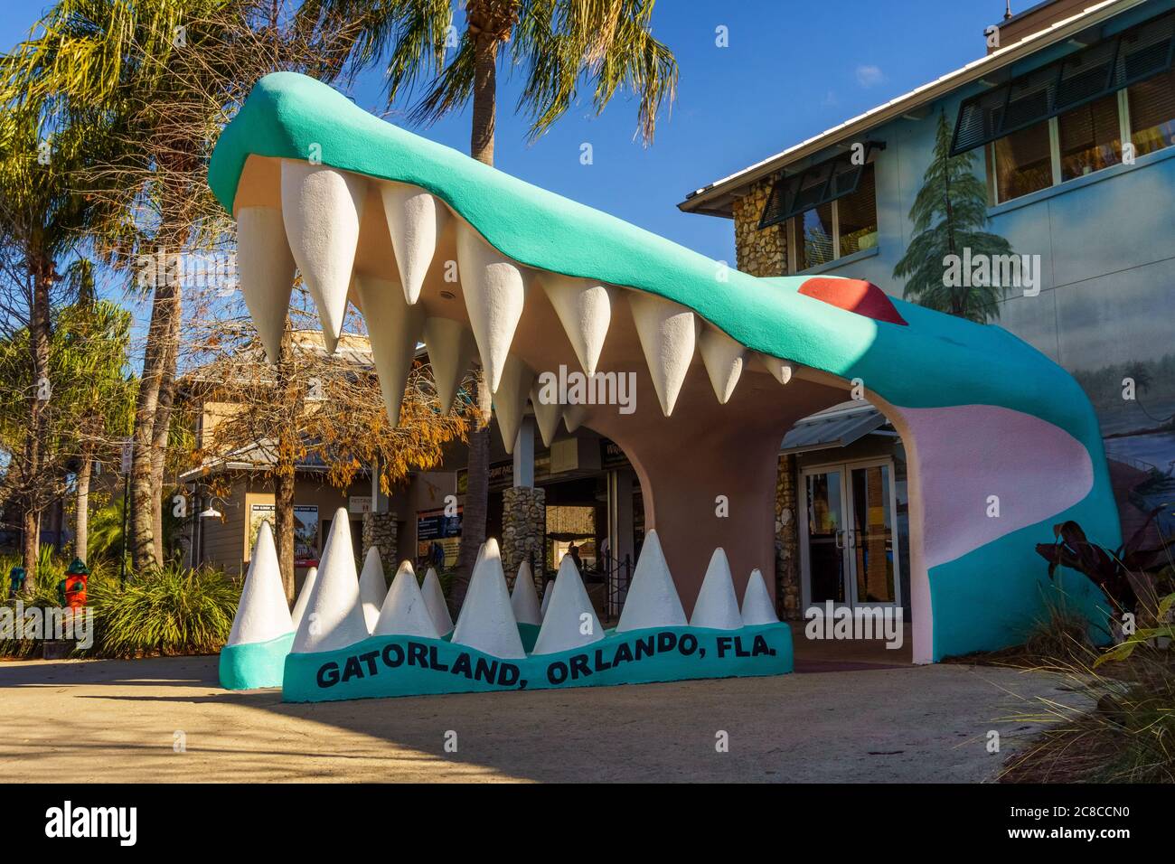 Orlando, Florida, USA - 9. Januar 2020 : großer Alligatorkopf am Haupteingang zum Gatorland Themenpark und Wildlife Preserve entlang des Südens Stockfoto