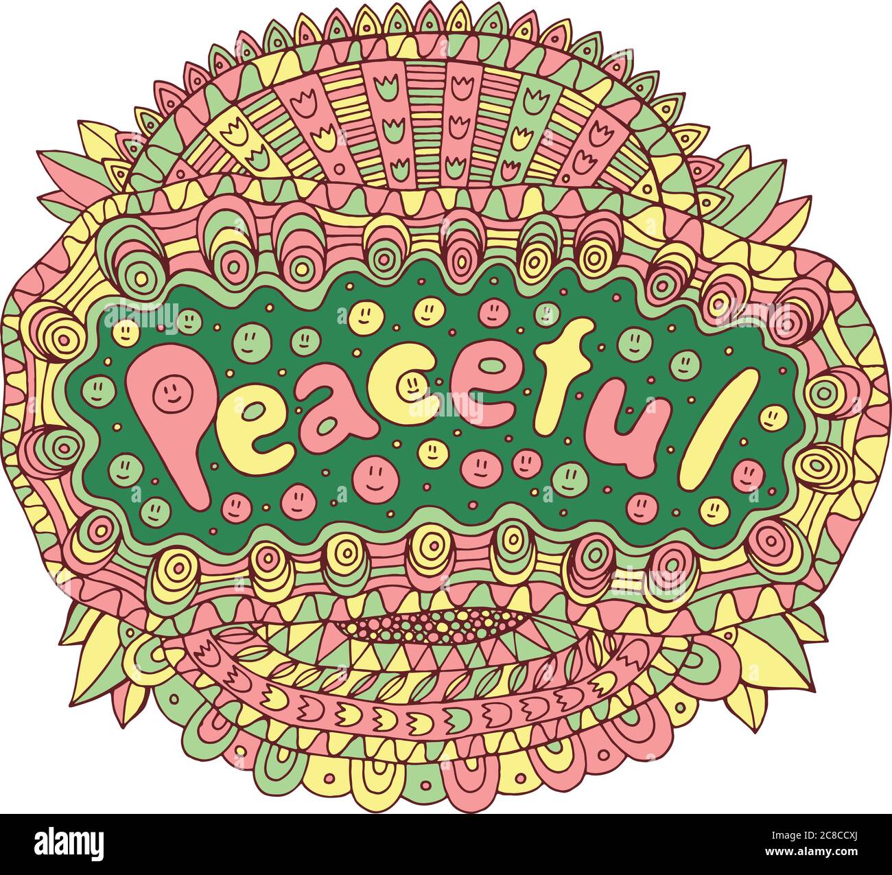Pechatcartoon Kunst Mit Mandala Und Friedlichem Wort Doodle Schriftzug Bunte Marchen Kunstwerk Vektorgrafik Stock Vektorgrafik Alamy