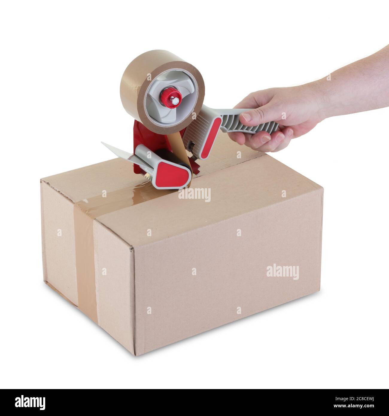 Handklebeband einer Schachtel mit Paketbandspender Stockfoto