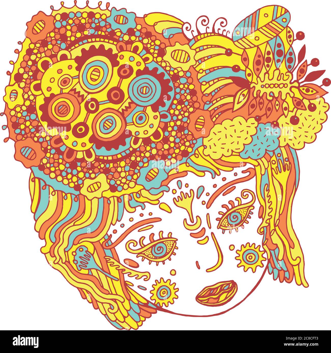 Märchen surreal Mädchen bunt psychedelischen Porträt. Doodle su Stock Vektor