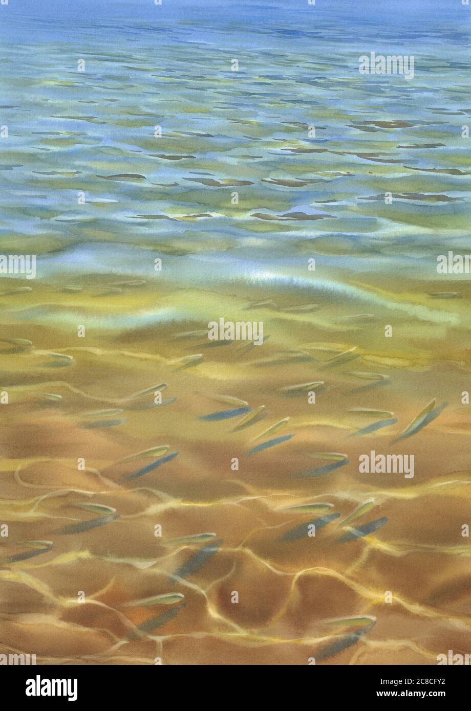 Sonnige Wasser mit transparenten Wellen Aquarell Hintergrund Stockfoto
