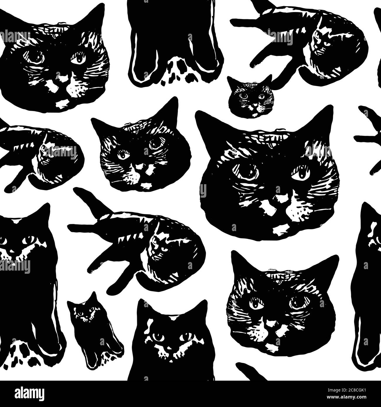 Nahtloses Muster mit Tusche Grafik-Elemente - Katzen. Vektorillust Stock Vektor