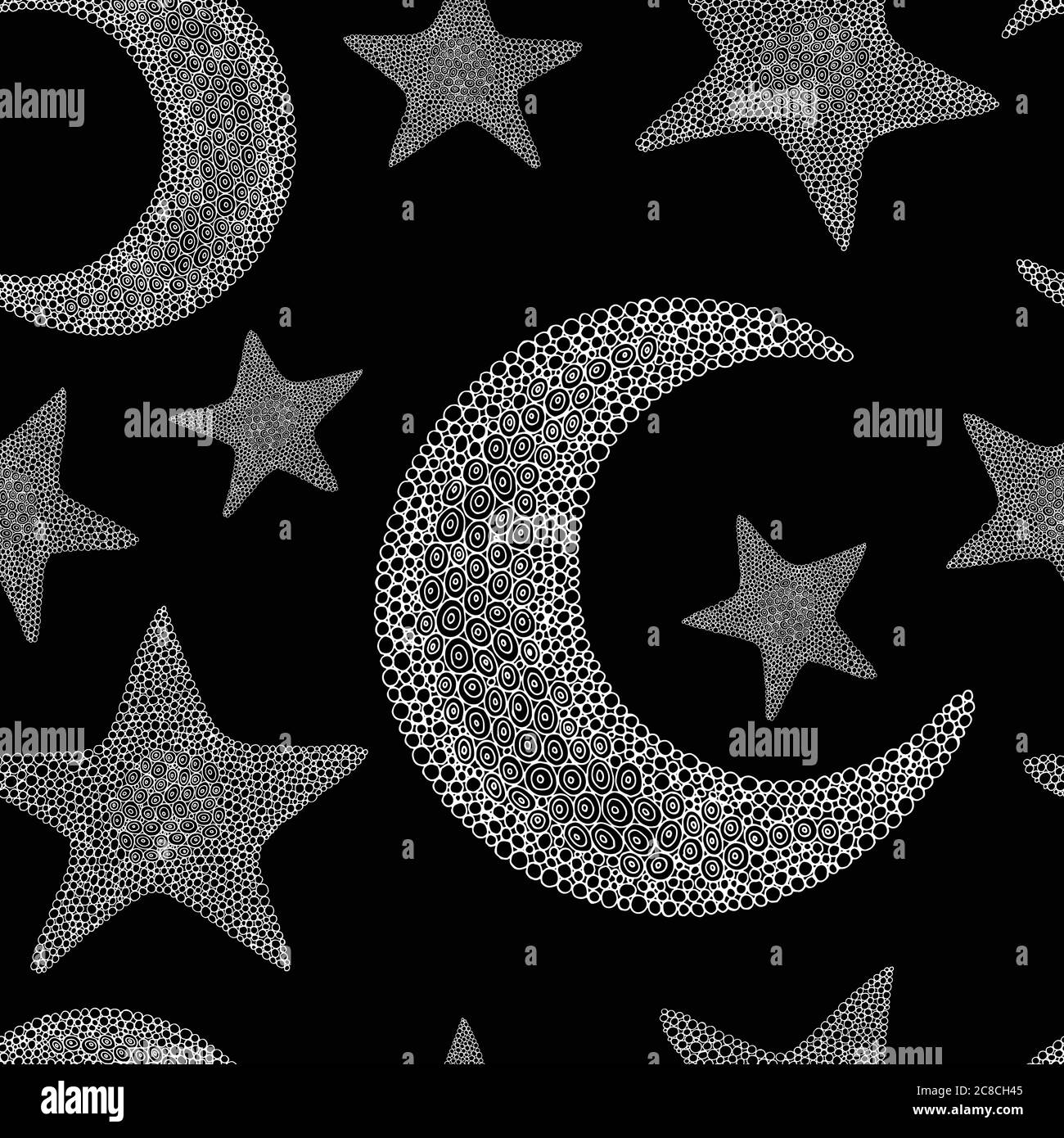 Doodle Mond und Stern nahtlose Muster. Schwarz-weiß-Backgroun Stock Vektor