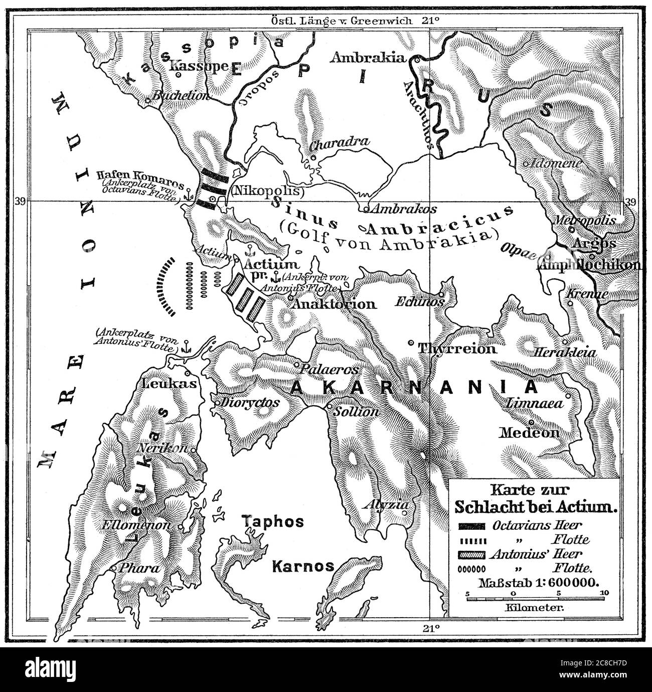 Karte der Schlacht von Actium am 2. September 31 v. Chr., Ionisches Meer, Griechenland Stockfoto