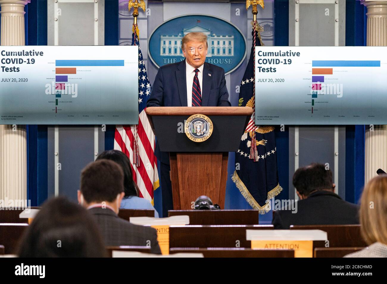 WASHINGTON DC, USA - 21. Juli 2020 - US-Präsident Donald J. Trump hält während einer COVID-19 Co. Bemerkungen und Antworten von Pressemitgliedern Stockfoto