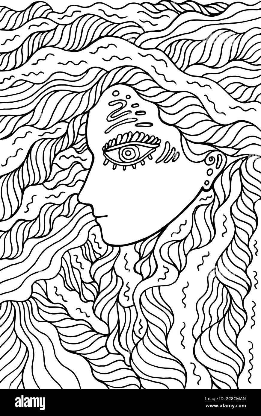 Fantastic Shaman girl - Doodle Färbung Seite für Erwachsene. Mystica Stock Vektor