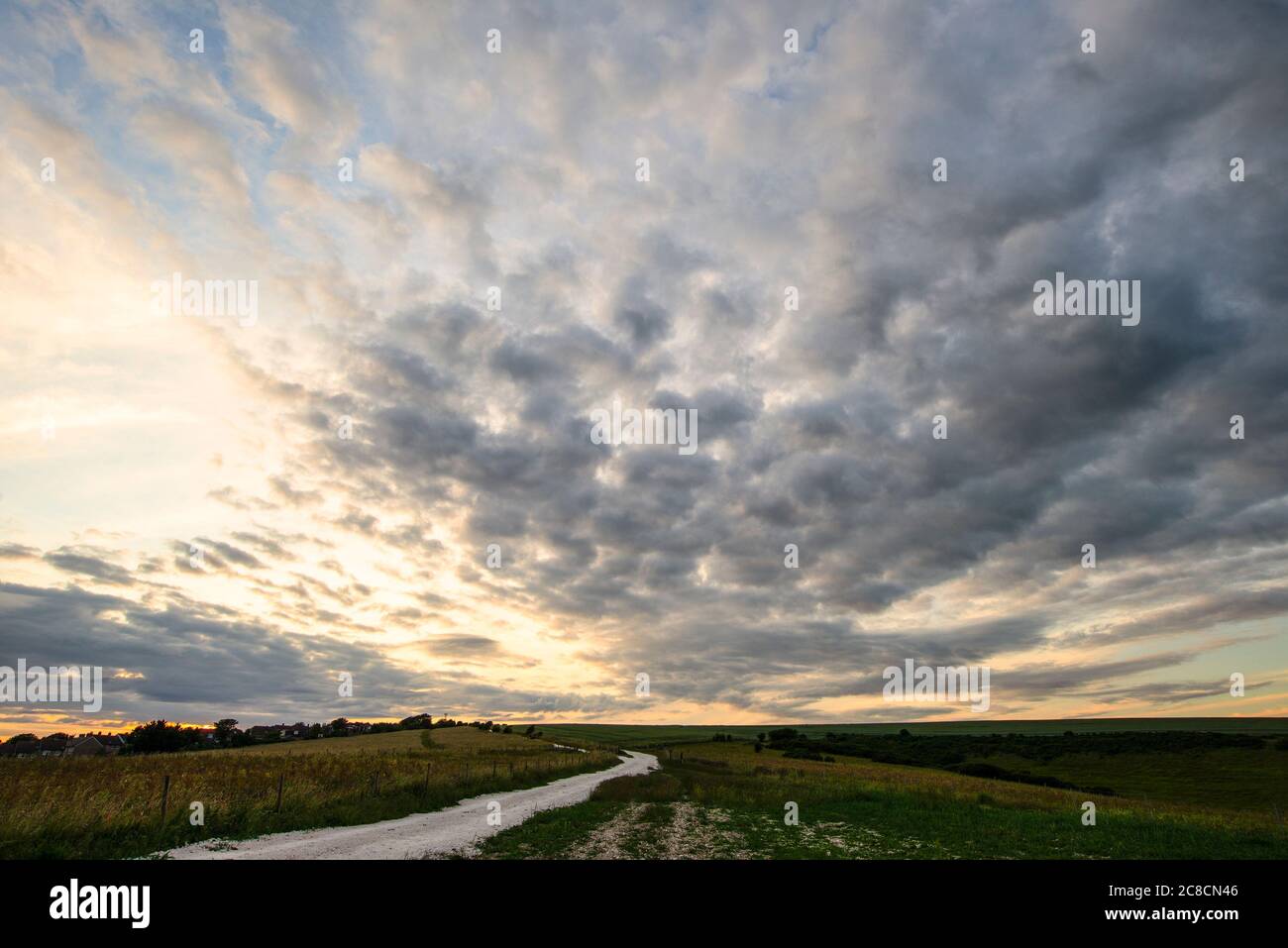 Schöne Landschaftsbild der landwirtschaftlichen englischen Landschaft während warmen späten Nachmittag Sommerlicht Stockfoto