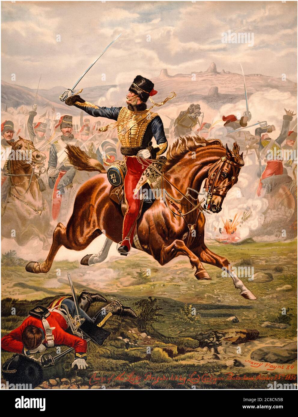 Der Angriff der Lichtbrigade unter der Führung von Lord Cardigan in der Schlacht von Balaclava, 25. Oktober 1854, Lithographie von Harry Payne, 1884 Stockfoto