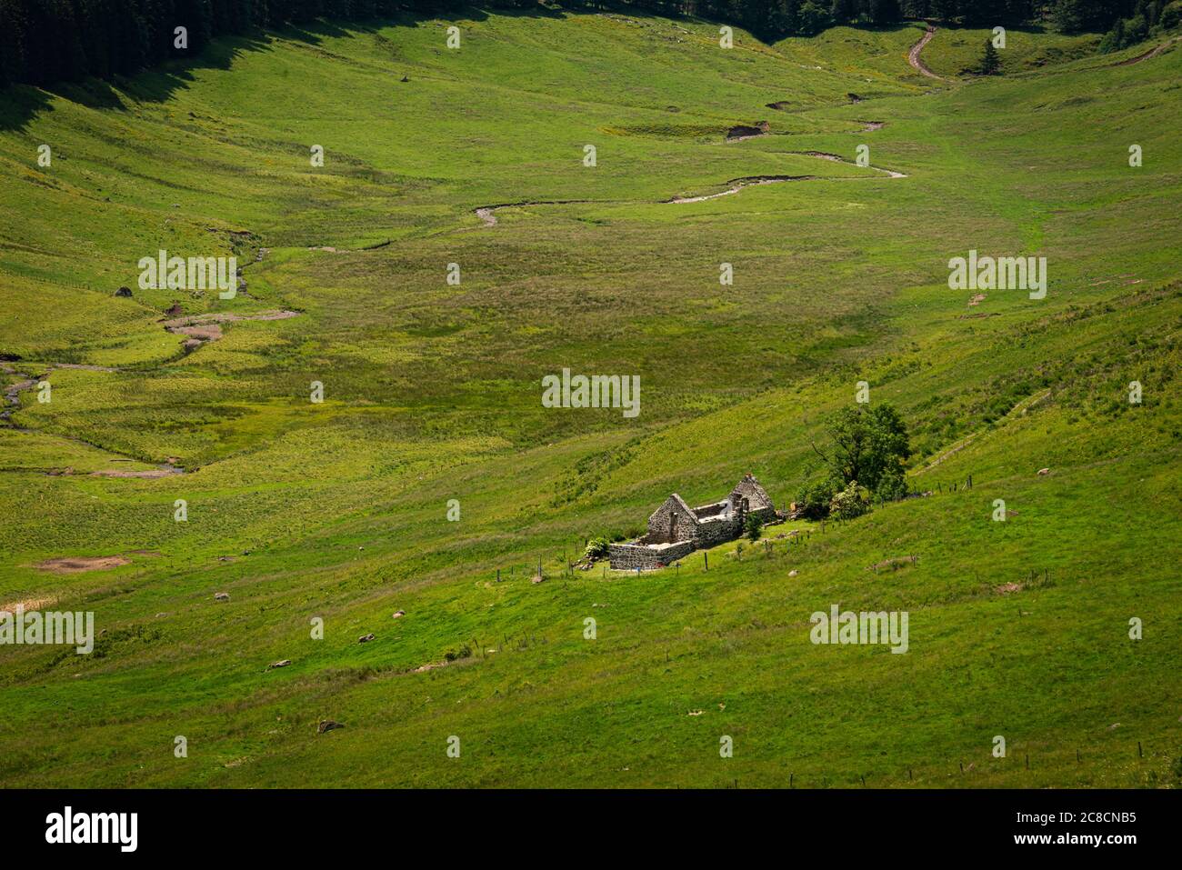 Einsam heruntergekommenes Bauernhaus im Gletschertal Lozere frankreich. Stockfoto