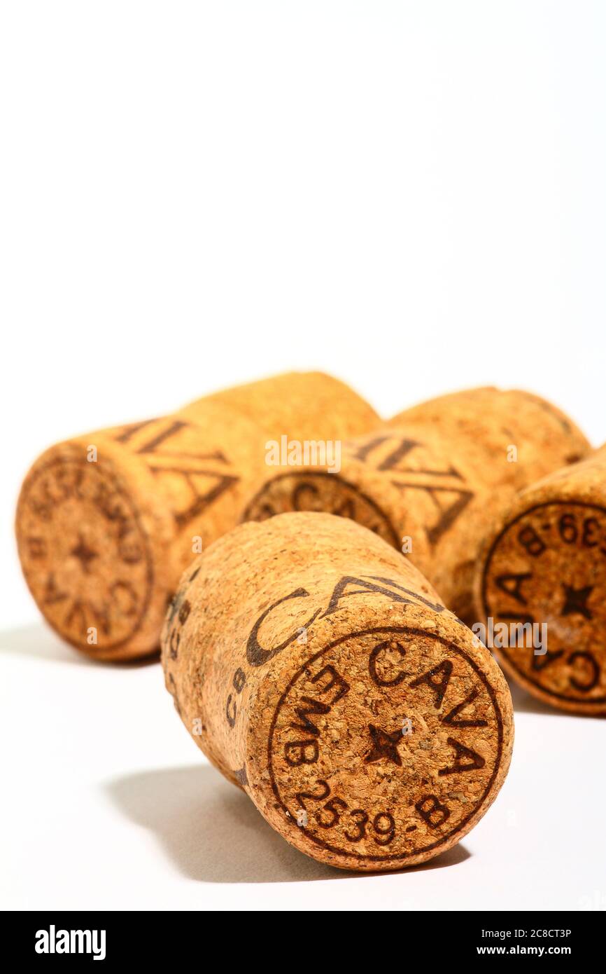 Cava Wein Korkstopfen isoliert auf weißem Hintergrund Stockfoto