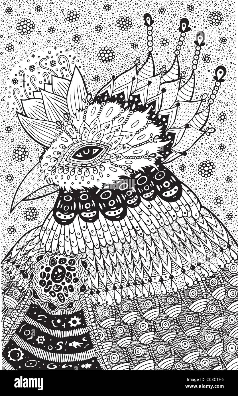 Magischer Vogel - Fantasy Illustration für das Ausmalbuch für Erwachsene. Vektorgrafiken Stock Vektor