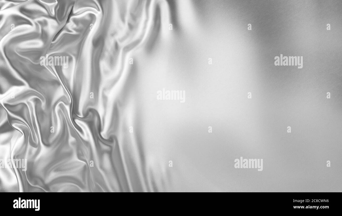 Glatte elegante gewellte silberne Seide Satin-Textur mit Kopierer Platz. Silber Stoff abstrakten Hintergrund. 3D-Rendering. Stockfoto