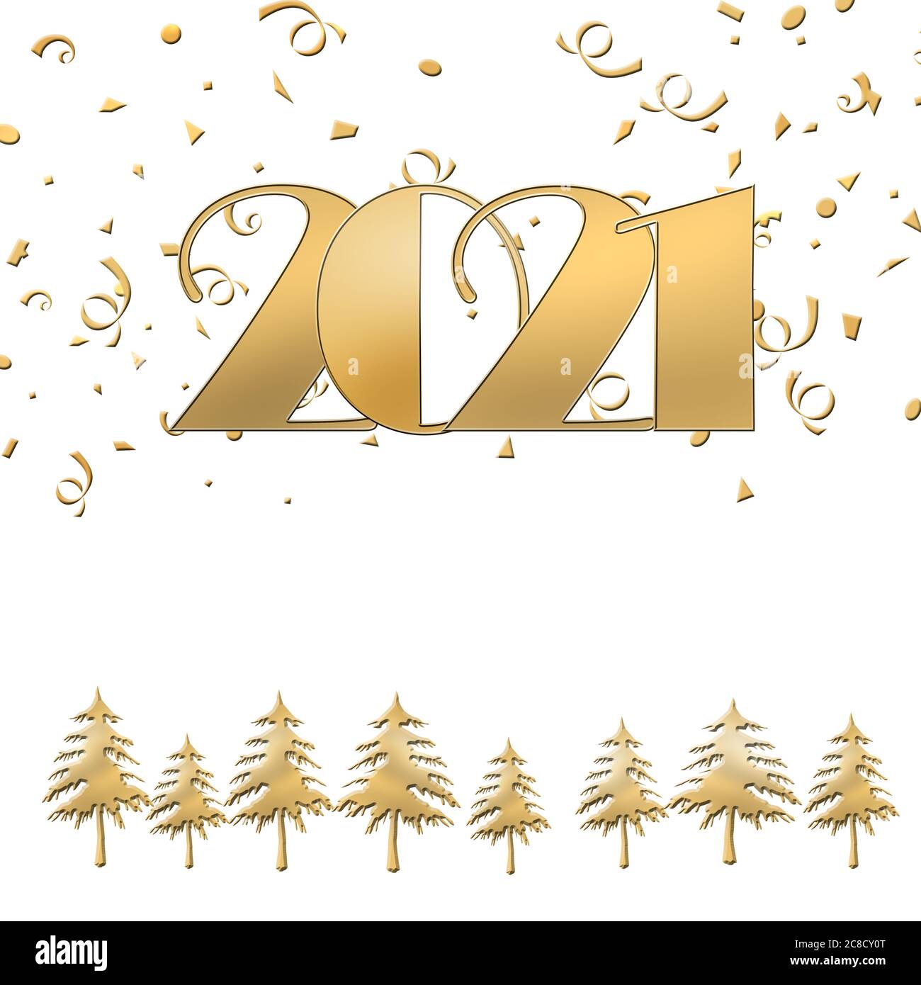 2021 Frohes neues Jahr Frohe Weihnachten Gold Text auf weißem Hintergrund mit goldenen weihnachtsbäumen und Konfetti. Elegantes Gold 2021 mit Licht. Minimalistische Textvorlage. Platz kopieren, Modell nach oben. 3D-Illustration Stockfoto