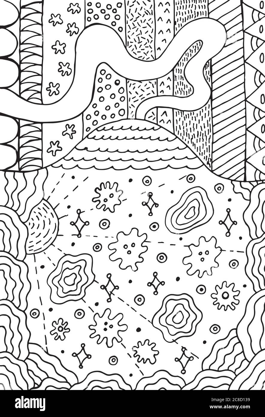 Vulkan Doodle Landschaft mit Blumenwiese. Bergzeichnung. Hand gezeichnet Malseite. Vektorgrafik Stock Vektor