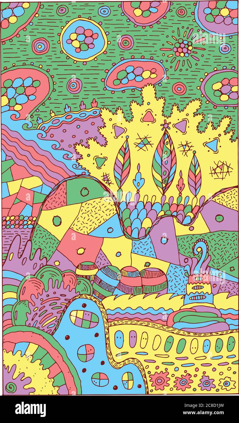 Fantasy-Landschaft mit surrealen Häusern und Bäumen. Psychedelisch fantastische Multicolor-Grafik. Vektorgrafik Stock Vektor