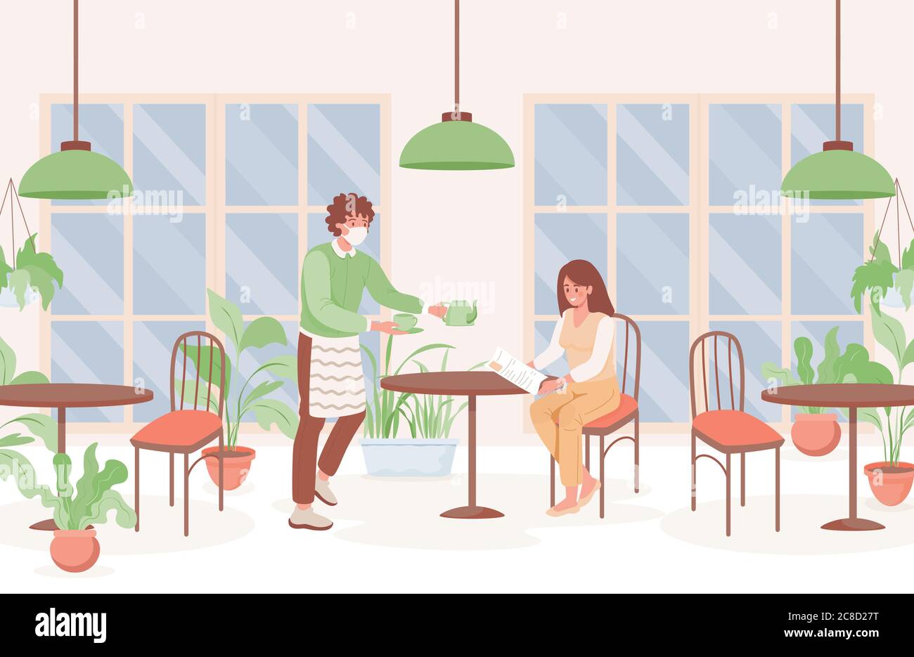 Frau im Café Vektor flache Illustration. Kellner in Maske halten Tasse Tee und Teekanne, Frau in Atemmaske Lesen Menü oder Zeitung. Vorbeugende Maßnahmen und neue Normalität nach Coronavirus Ausbruch. Stock Vektor