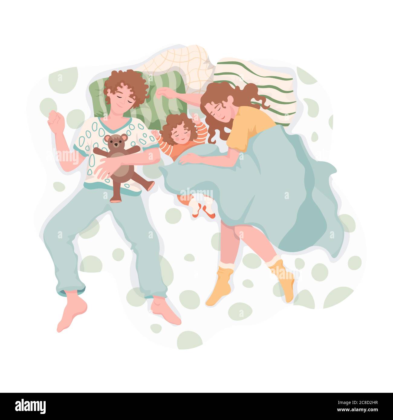 Familie, die sich nachts ausruhte und umarmte. Mutter, Vater und Tochter schlafen zusammen auf dem Bett und träumen Vektor-flache Illustration. Alltag, Familienzeit zusammen. Stock Vektor