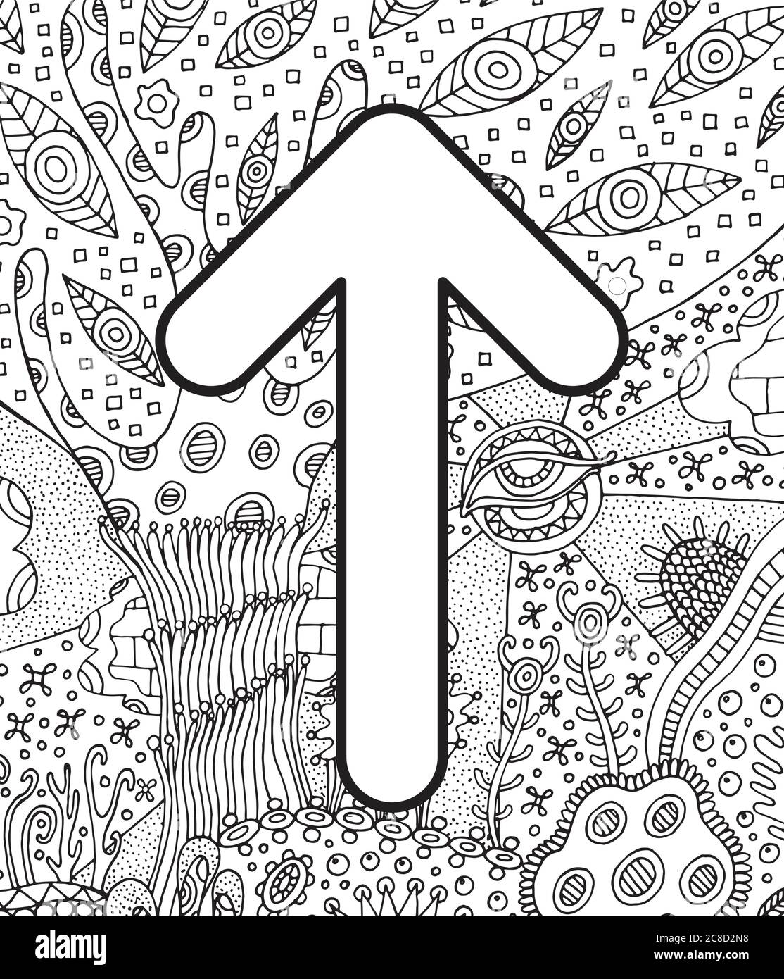Alte skandinavische Rune teiwaz mit Doodle Ornament Hintergrund. Malseite für Erwachsene. Psychedelisch fantastische mystische Kunstwerke. Vektorgrafik Stock Vektor