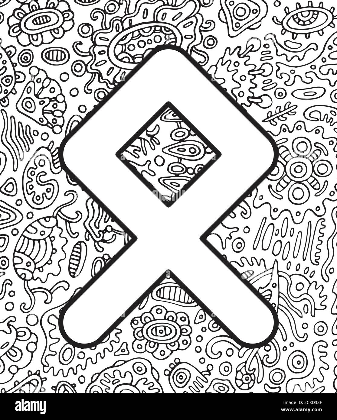 Alte skandinavische Rune othala mit Doodle Ornament Hintergrund. Malseite für Erwachsene. Psychedelisch fantastische mystische Kunstwerke. Vektorgrafik Stock Vektor
