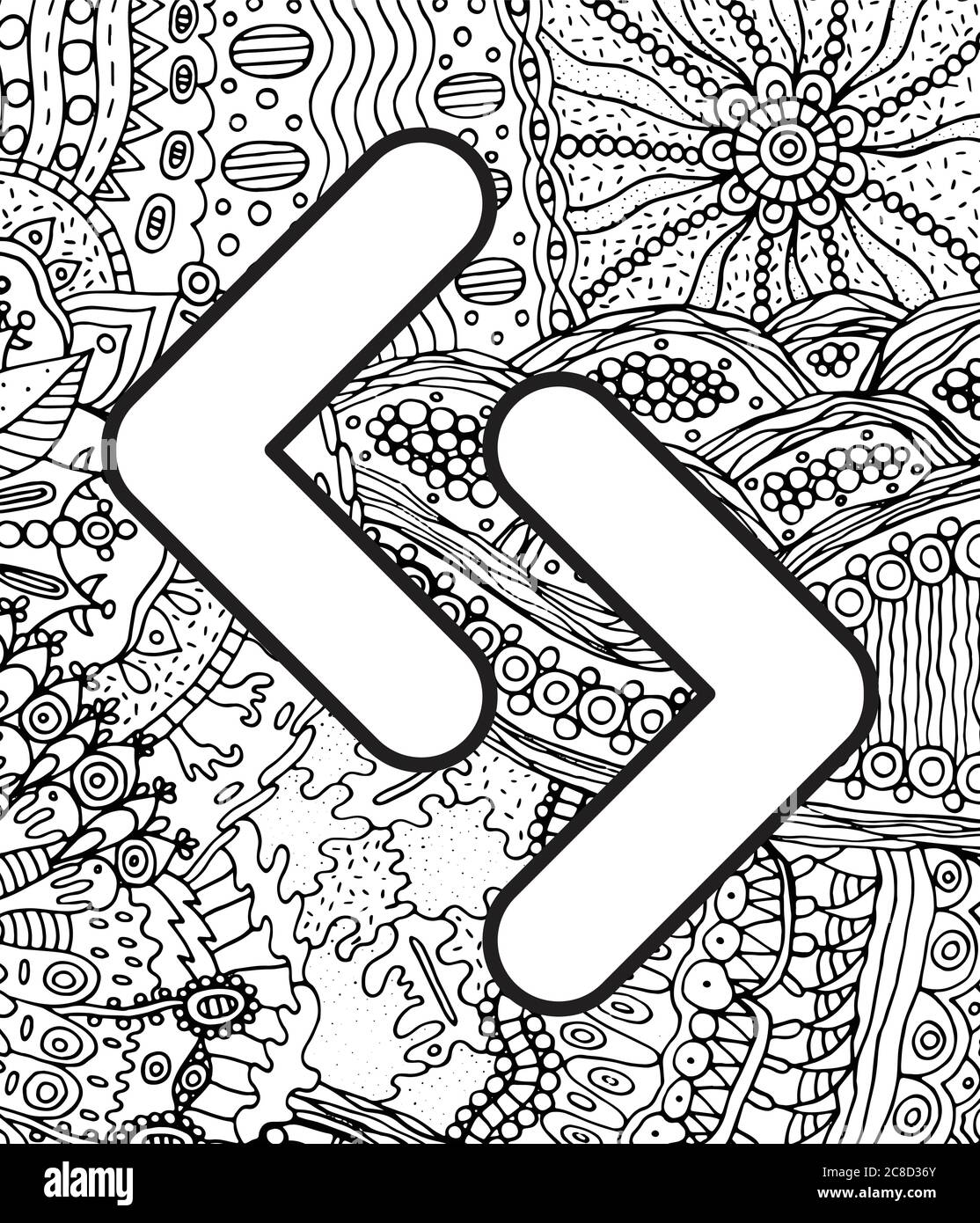 Alte skandinavische Rune jera mit Doodle Ornament Hintergrund. Malseite für Erwachsene. Psychedelisch fantastische mystische Kunstwerke. Vektorgrafik Stock Vektor