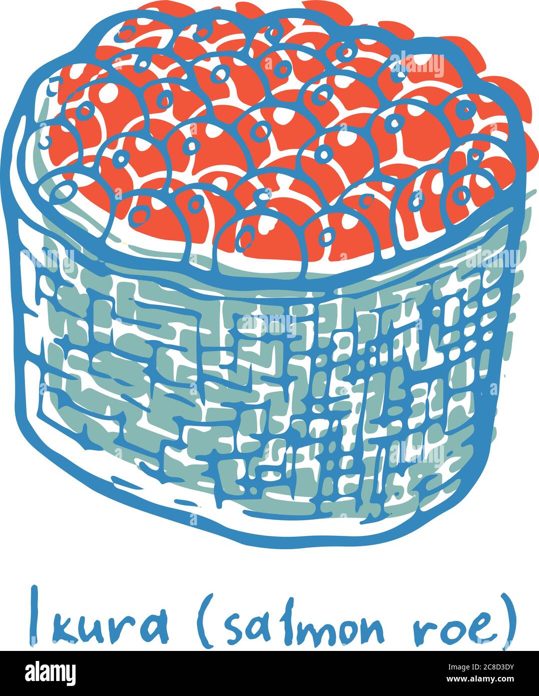 Sushi Ikura. Abbildung mit Skizzenfarbe. Sushi mit Lachsrogen. Japanische Meeresfrüchte. Vektorgrafik Stock Vektor
