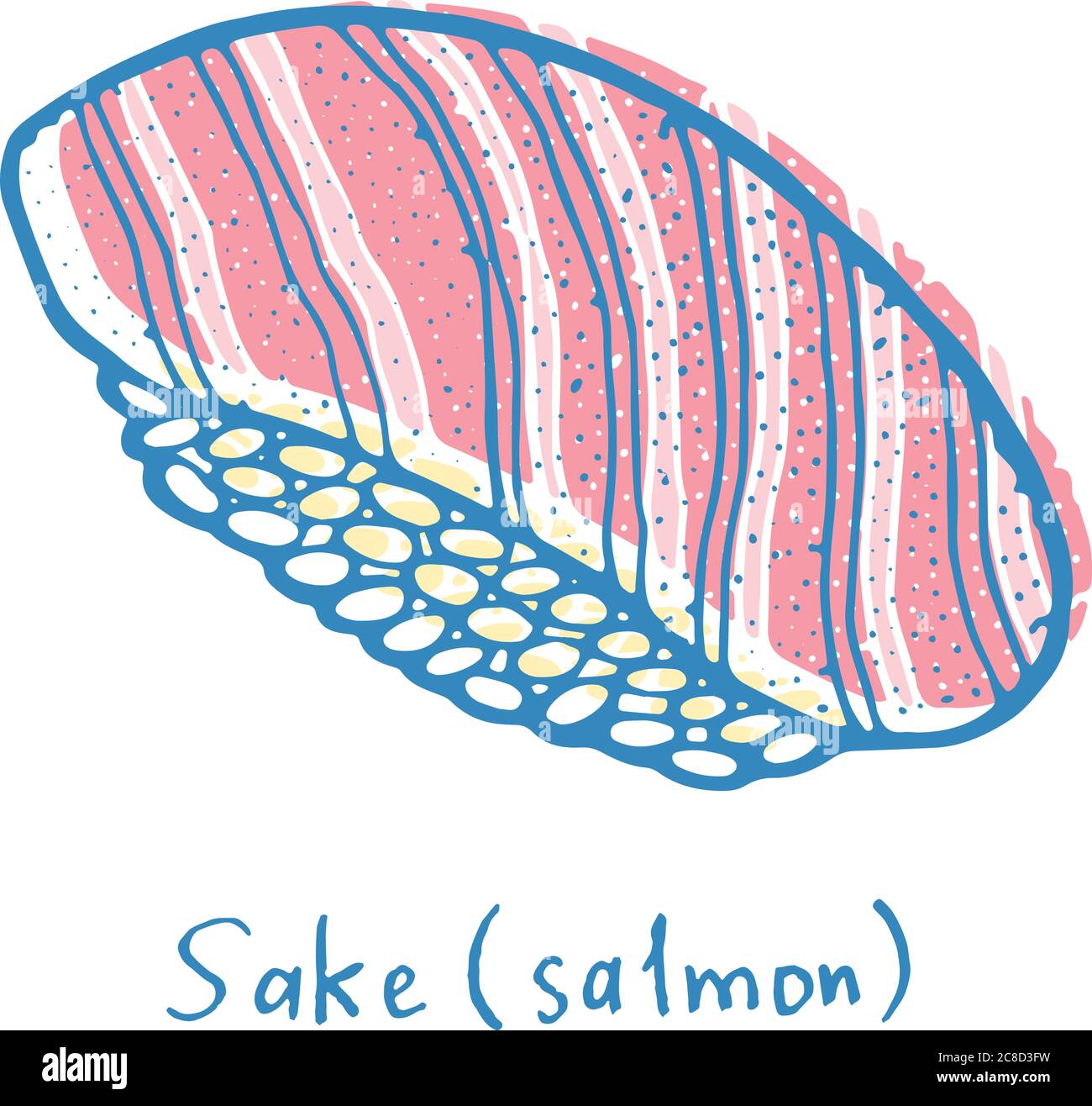 Sushi Sake Lachs Skizze Farbe Illustration. Nigiri mit dem Fisch und Reis. Japanische Meeresfrüchte. Vektorgrafik Stock Vektor