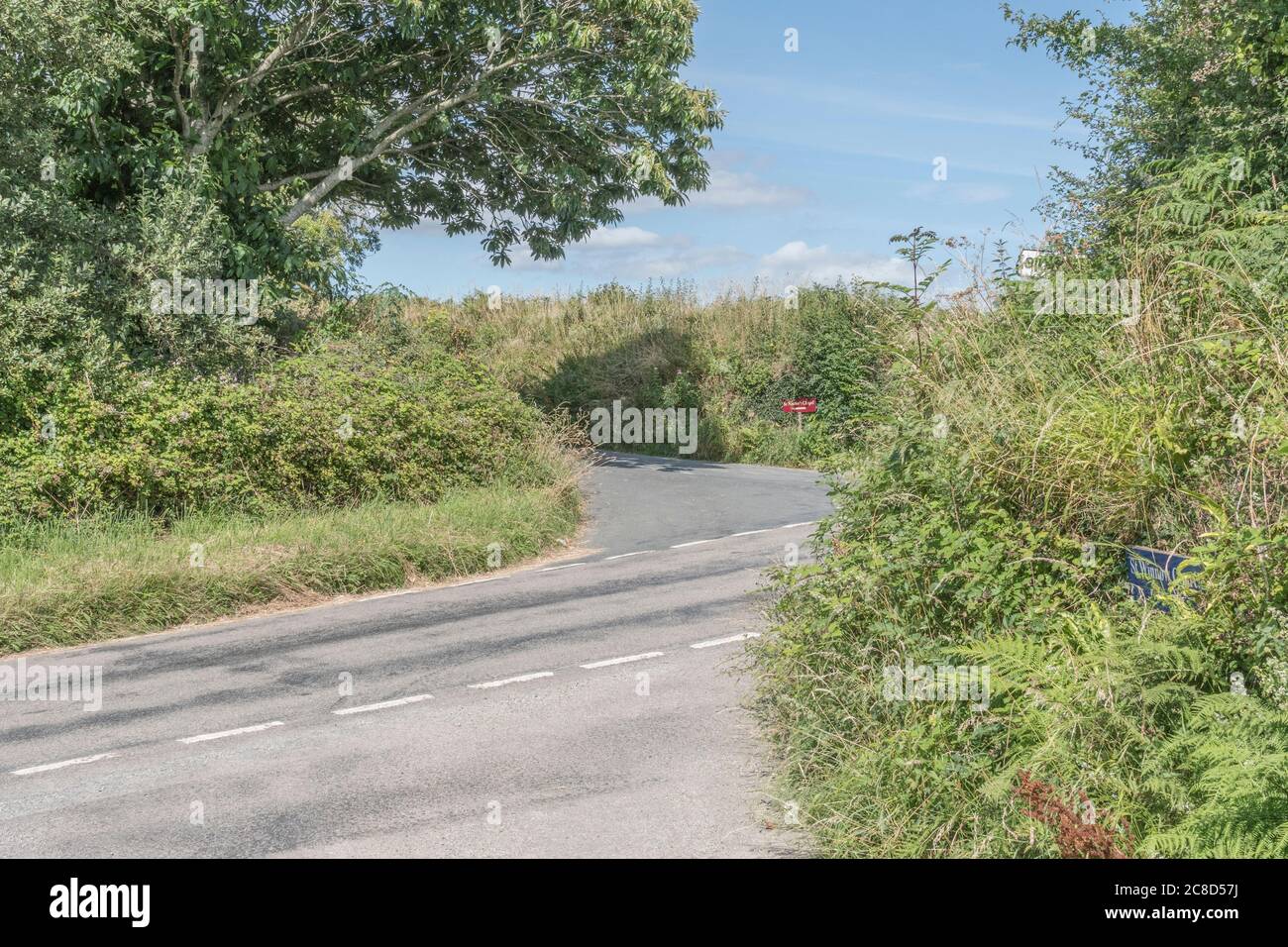 Gestaffelte Kreuzung auf einer ländlichen Landstraße in Cornwall. Was um die Ecke liegt. Stockfoto