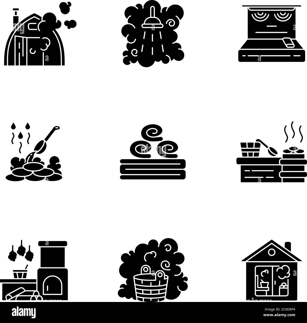 Badehaus schwarze Glyphen-Symbole auf weißem Raum gesetzt. Finnische Sauna, russische Dampfbad Silhouette Symbole. Gesunde Erholung, entspannender Zeitvertreib. Spa-Behandlung Stock Vektor