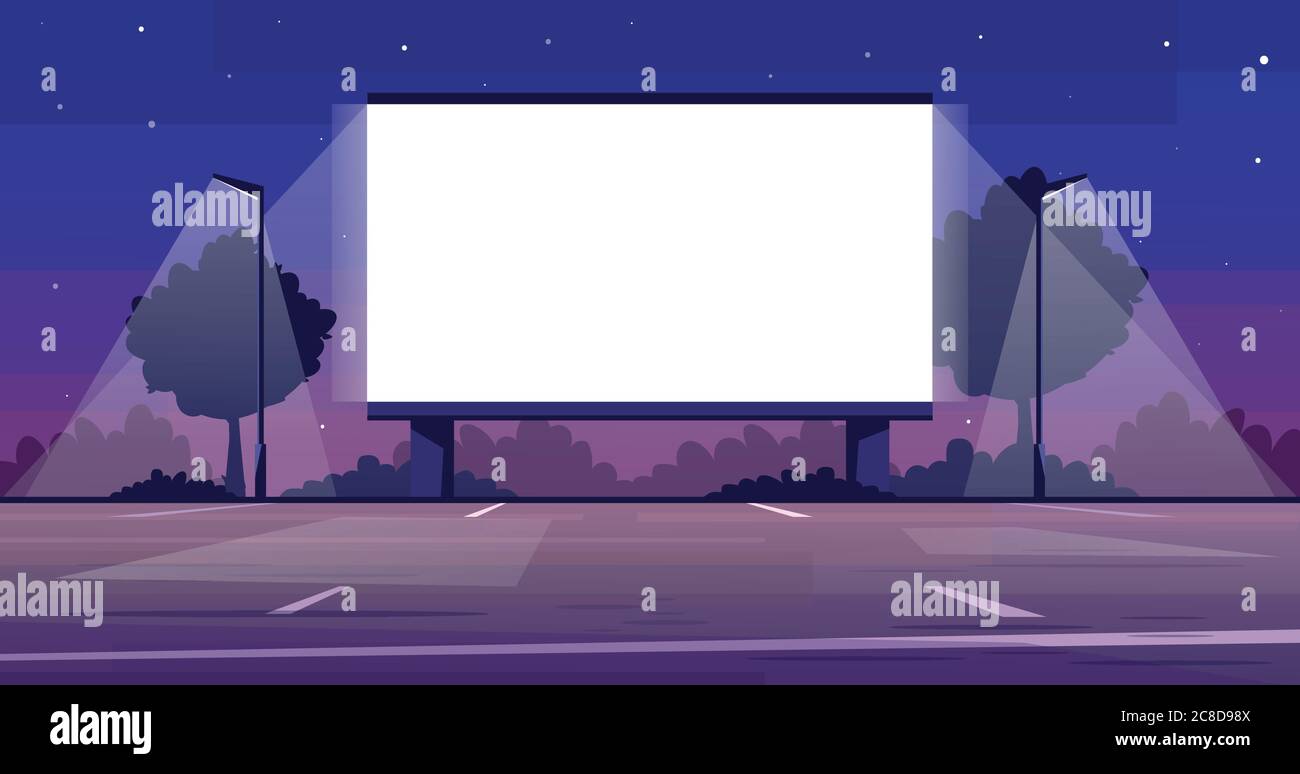 Fahren Sie in Kinoleinwand semi-flache Vektor-Illustration. Leerer Parkplatz für Filmpremiere draußen. Öffentlicher städtischer Ort. Unterhaltung am Wochenende. Außenmov Stock Vektor