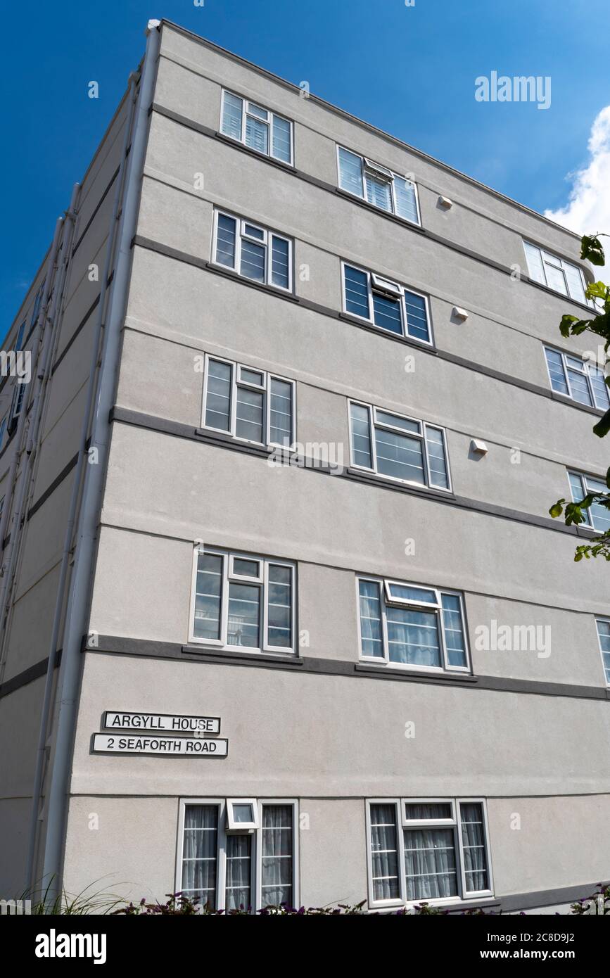 Argyll House, 2 Seaforth Road, Gebäude im Art déco-Stil in Southend on Sea, Essex, Großbritannien. Apartments im internationalen Stil. Wohnungen Stockfoto