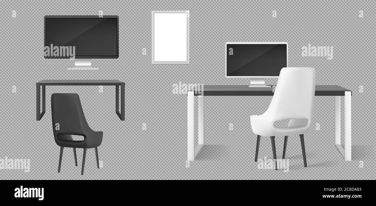 Schreibtisch, Monitor, Stühle und leerer Bilderrahmen isoliert auf transparentem Hintergrund. Vector realistische Satz von modernen Möbeln, Tisch, Stuhl und Computer-Bildschirm für den Arbeitsplatz im Büro oder zu Hause Stock Vektor