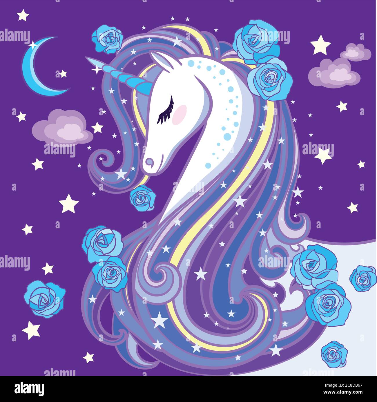 Ein schönes Einhorn mit einer langen Mähne, auf einem violetten Hintergrund. Vektorgrafik Stock Vektor