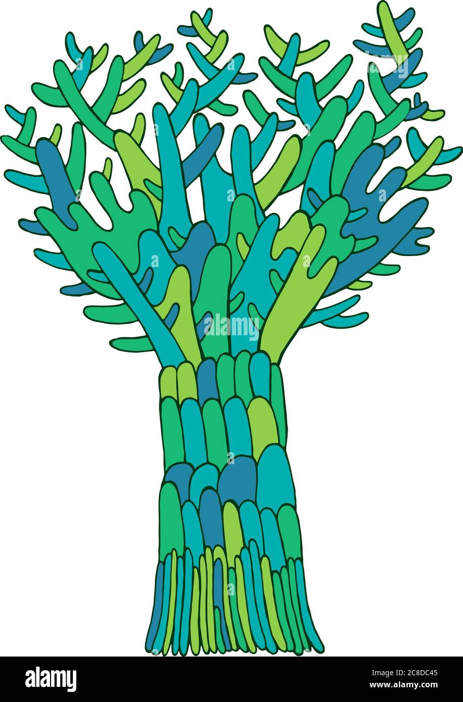 Cartoon Doodle Baum Illustration. Handgezeichnete bunte grüne Skizze. Isoliertes Element. Vektorgrafiken. Stock Vektor