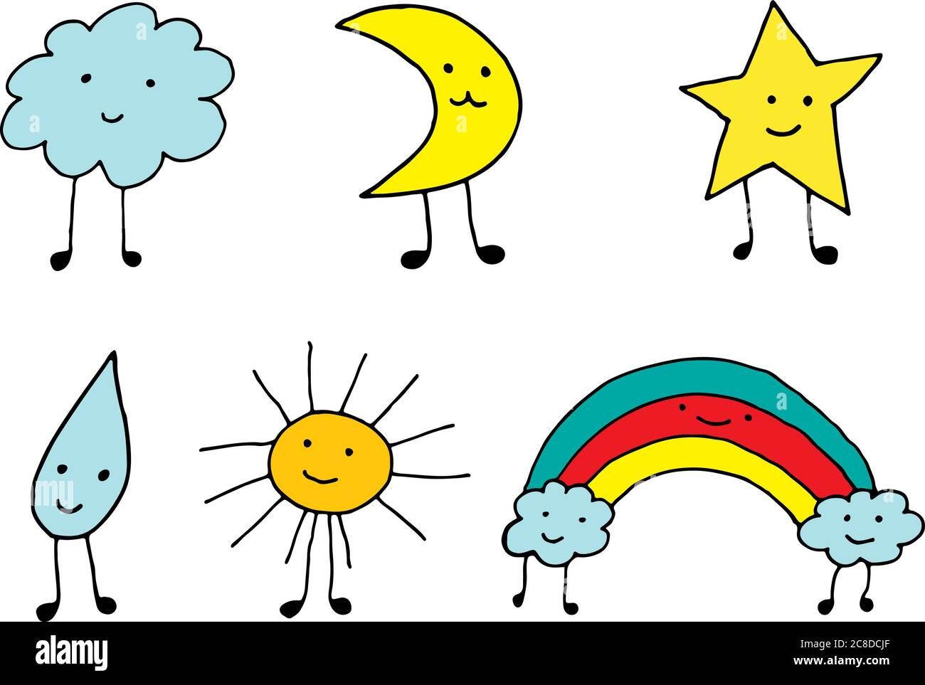 Niedliche kawaii Wetter-Symbole. Doodle Cartoon einfache Zeichnung Sammlung. Farbenfrohe Elemente. Vektorgrafik. Stock Vektor