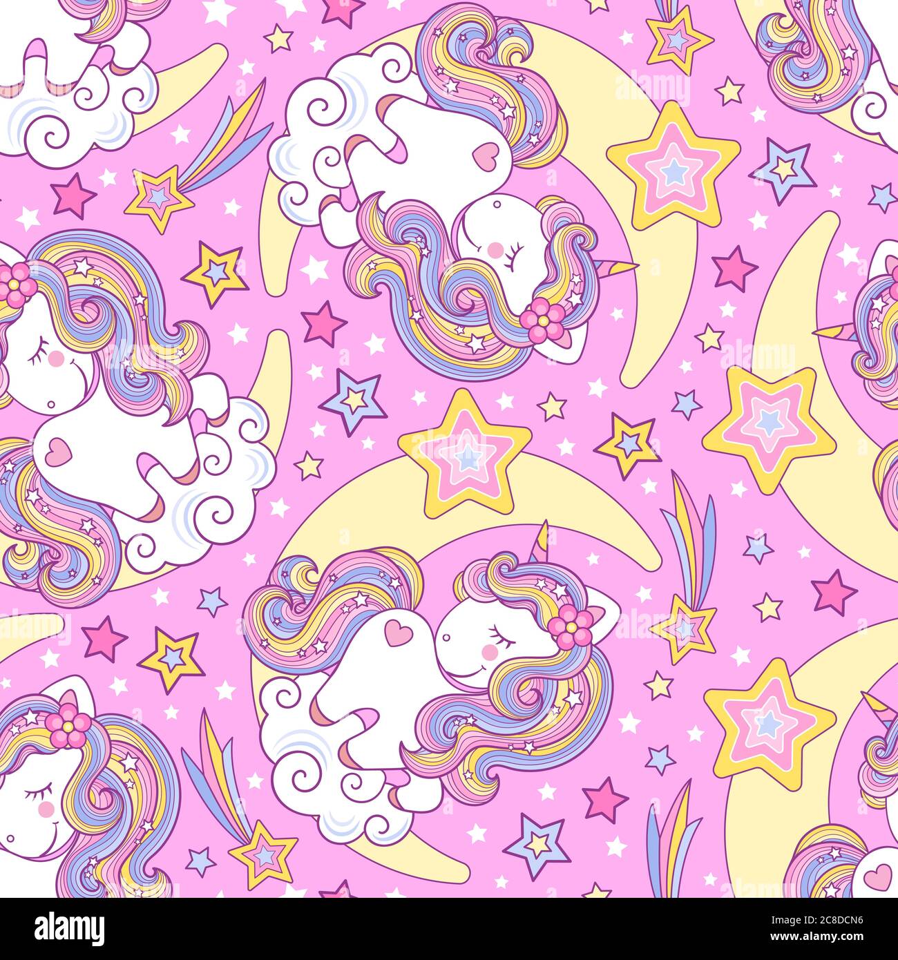 Nahtloses Muster mit weißem Einhorn auf rosa Hintergrund. Für die Gestaltung von Stoff, Tapete, Hintergründe, Geschenkpapier, Scrapbooking, etc. Vektor Stock Vektor