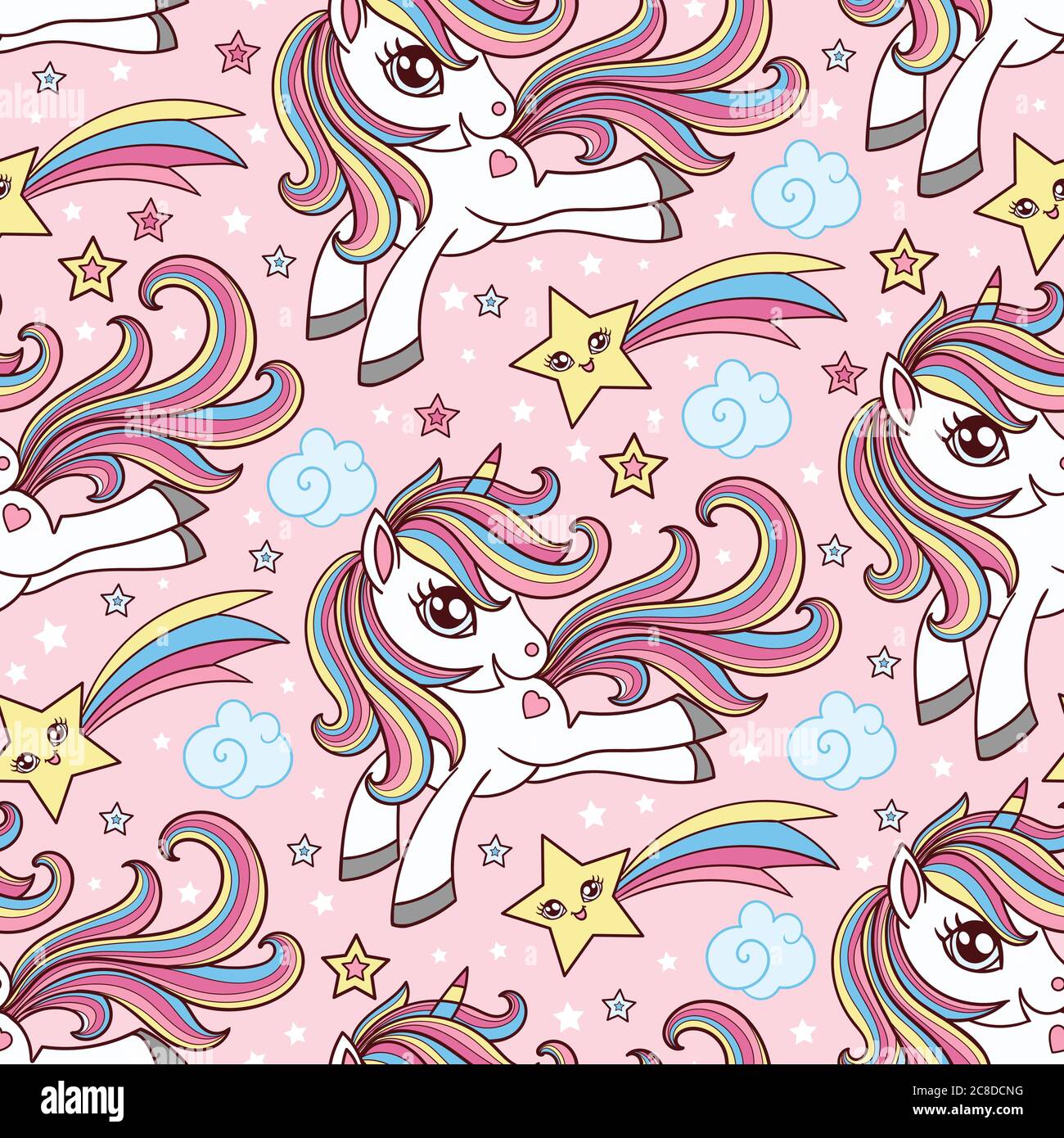 Nahtloses Muster mit Einhorn am Himmel auf rosa Hintergrund. Fantastische Kunst. Für die Gestaltung von Stoffen, Tapeten, Hintergründe, Scrapbooking, etc. V Stock Vektor