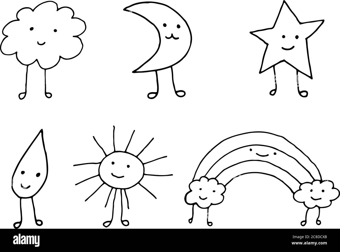 Niedliche kawaii Wetter-Symbole. Doodle Cartoon einfache Zeichnung Sammlung. Gliederungselemente. Vektorgrafik. Stock Vektor