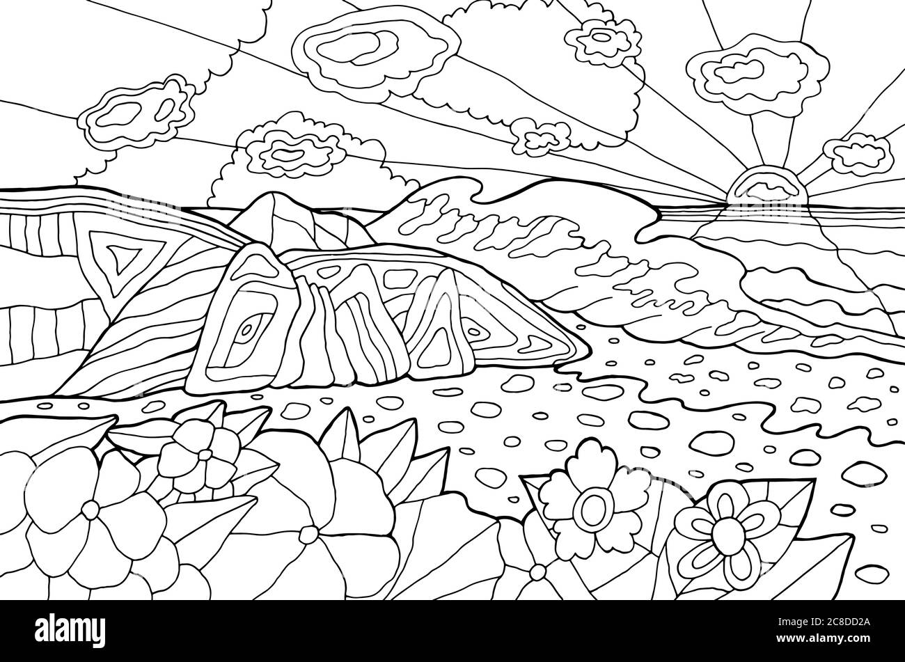 Psychedelische Illustration mit Küstenlandschaft. Sonnenuntergang am Meer. Line Art Malvorlagen für Erwachsene. Hippie-Kunstwerke der 60er Jahre. Vektorgrafik. Stock Vektor