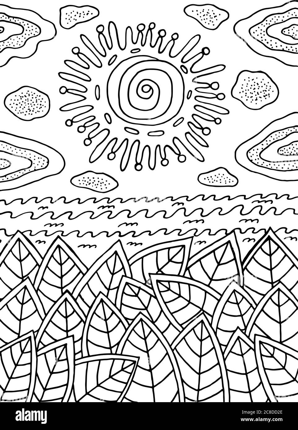 Ausmalbilder für Erwachsene - Sommerlandschaft mit Sonne und Blättern und Meer. Tinte Linie Doodle Kunstwerk. Vektorgrafik. Stock Vektor