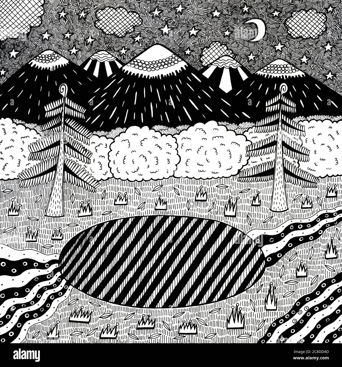 Nachtlandschaft mit Nachtwald, See, Bäumen, Bergen, Fluss. Handgezeichnete Farbdarstellung. Malseite für Erwachsene. Rastergrafik. Stockfoto