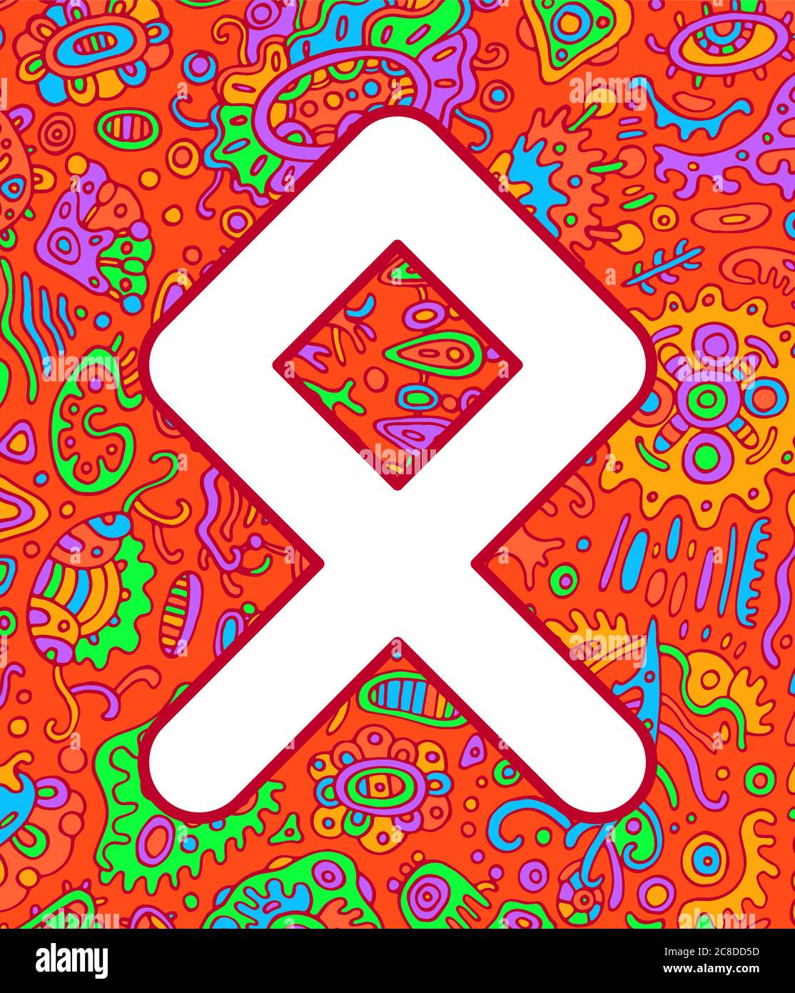 Alte skandinavische Rune othala mit Doodle Ornament Hintergrund. Farbenfrohe psychedelische fantastische mystische Kunstwerke. Vektorgrafik. Stock Vektor