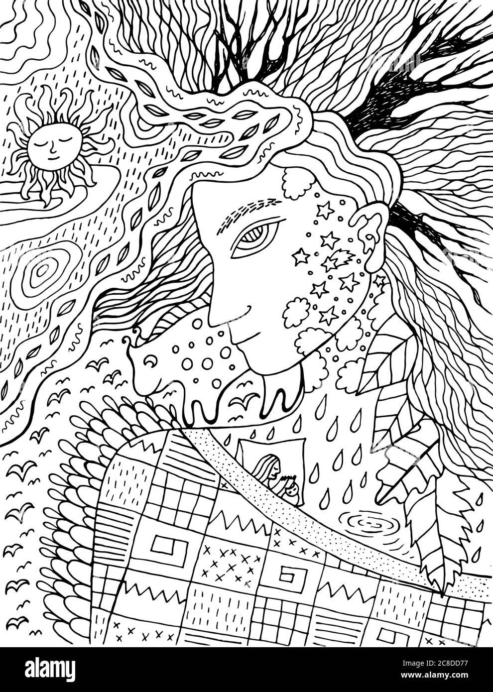 Niedlich und gemütlich Illustration mit Herbststimmung. Surreale Lineout-Kunstwerke. Märchen Malvorlagen für Erwachsene.Vektor-Illustration. Stock Vektor