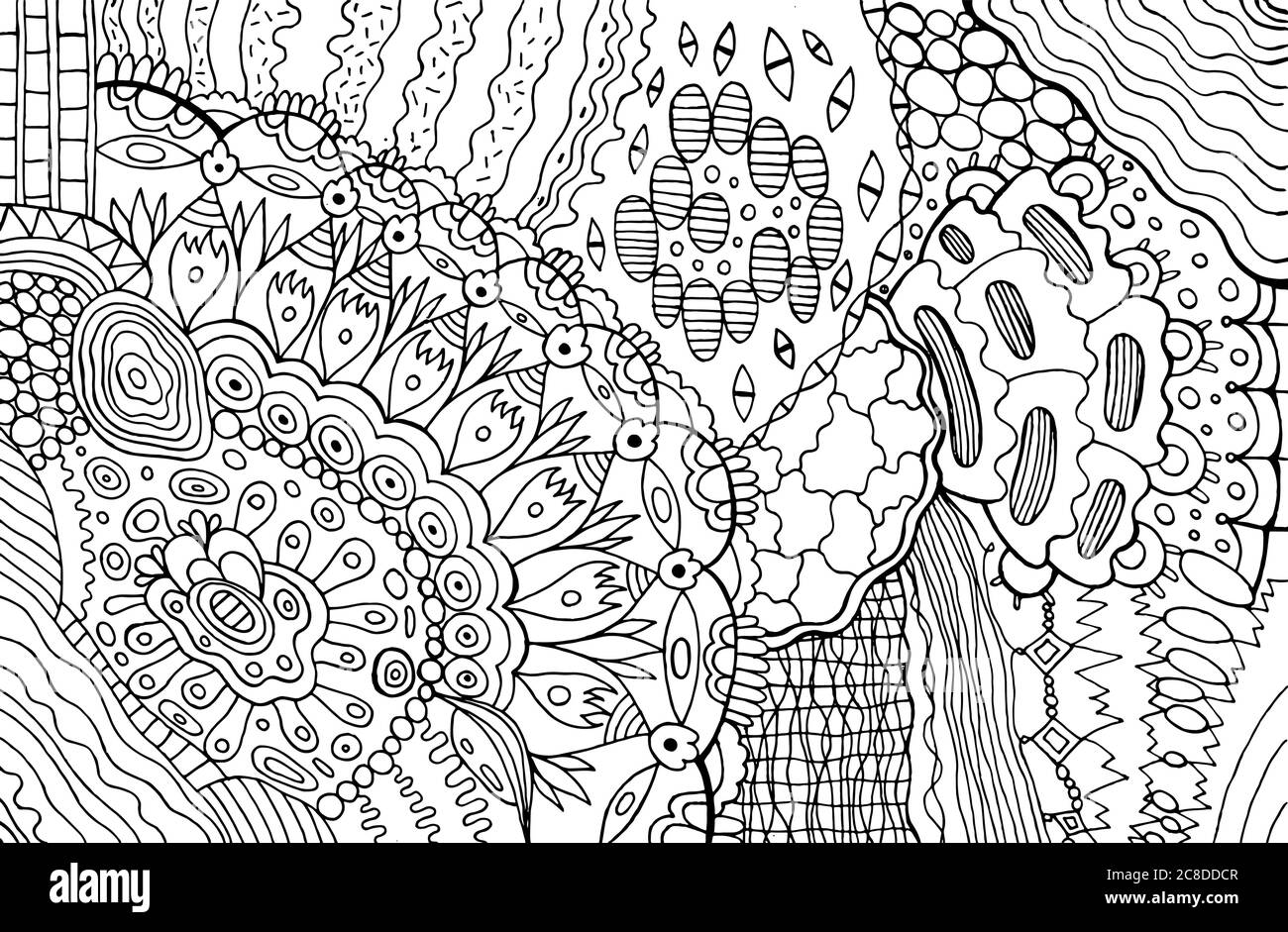 Zendoodle Linie Kunst mit Mandala Blume. Seite für Erwachsene. Abstraktes Muster mit floralen Motiven. Bohemian und Hippie-Stil. Vektorgrafik. Stock Vektor