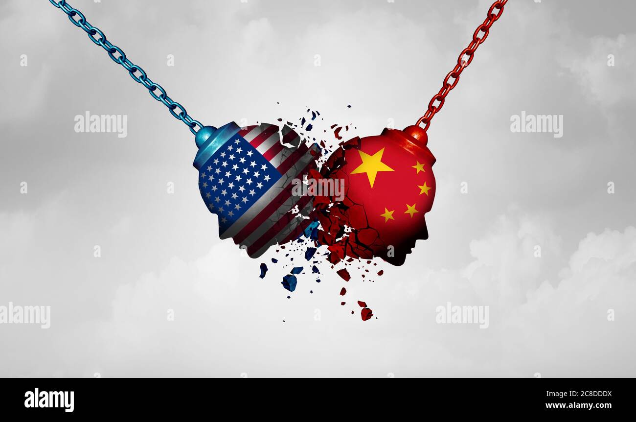 USA China Dispute Konzept als eine internationale Rivalität zwischen zwei Regierungen als Kampf zwischen dem Westen und Osten als Wirtschaftshandel. Stockfoto