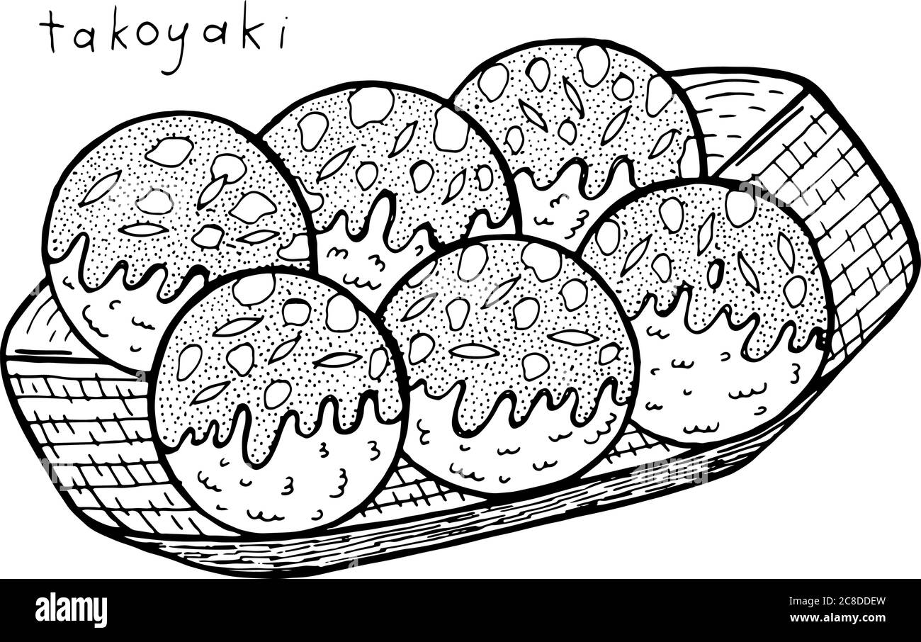 Takoyaki - japanische Lebensmitteltinte Illustration. Grafik-Schwarzweiß-Bildmaterial. Malseite für Erwachsene. Vektorgrafik. Stock Vektor