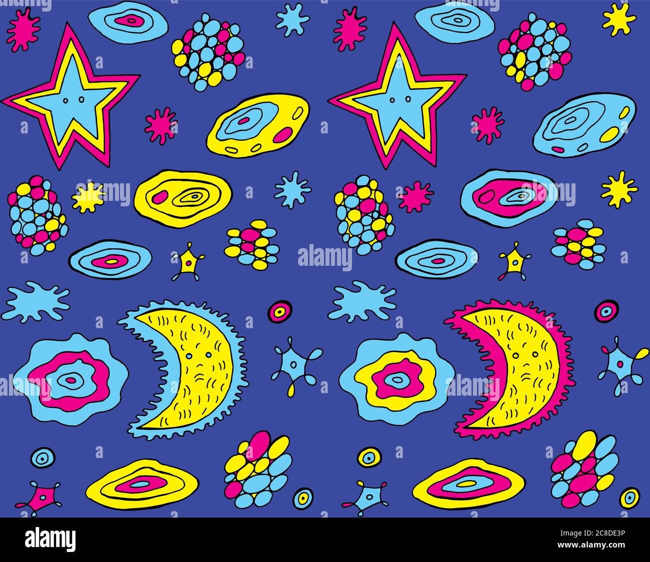 Niedliche Kritzel bunte Hintergrund mit Nachthimmel. Cartoon Linienmuster mit dem Mond, Sternen und Wolken. Vektorgrafik. Stock Vektor