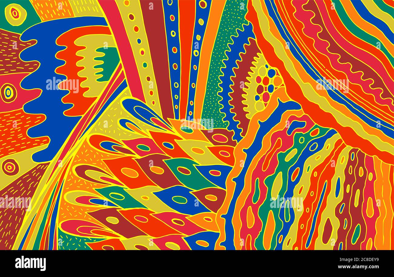 Boho-Doodle-Muster. Bunte helle Volkskunst Hintergrund. Bohemian und Hippie-Stil. Surreale psychedelische Kunstwerke. Vektorgrafik. Stock Vektor