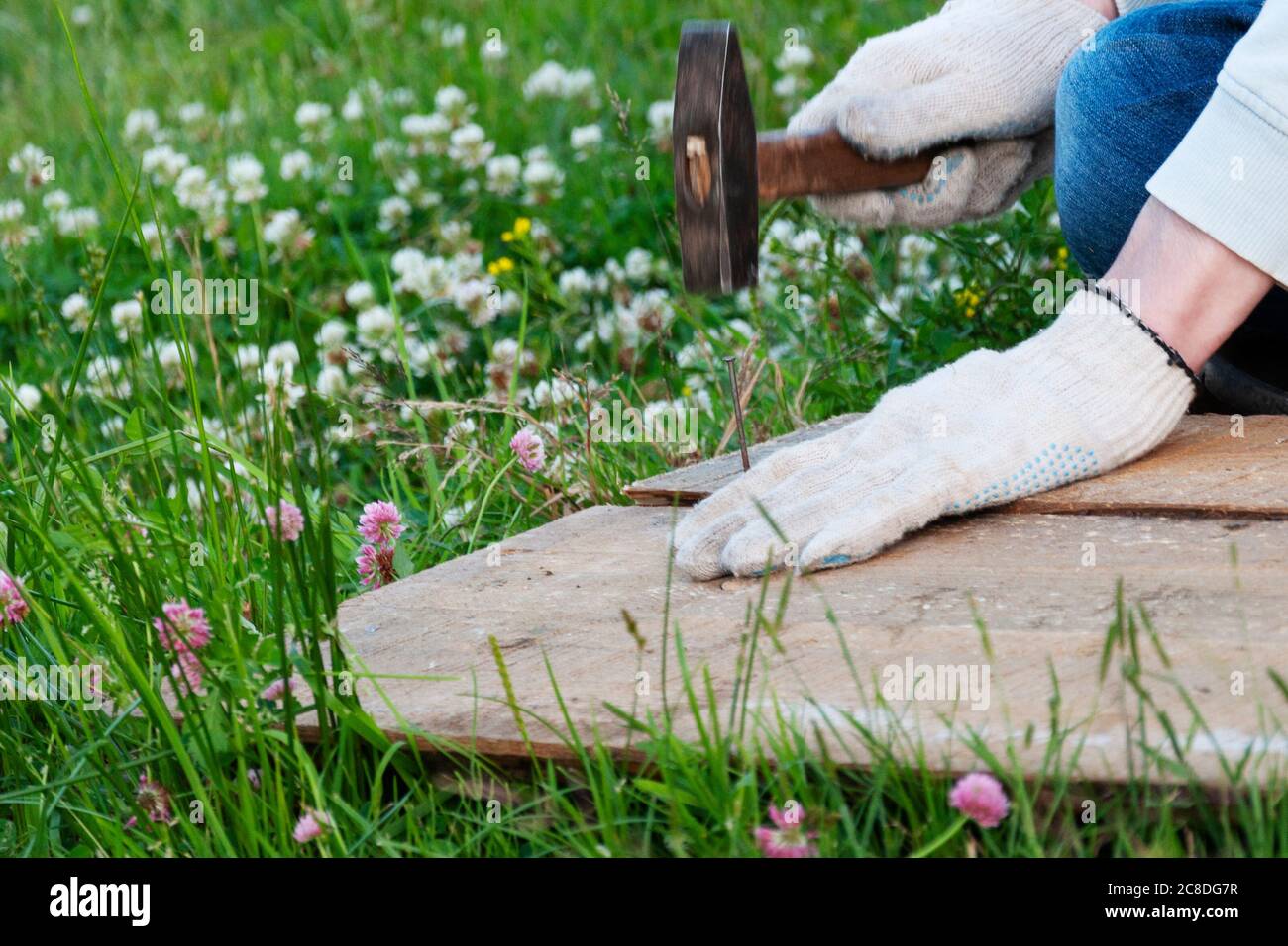 Reparaturarbeiten im Garten, Hände mit weißen Handschuhen, Hammer und Nagel Stockfoto