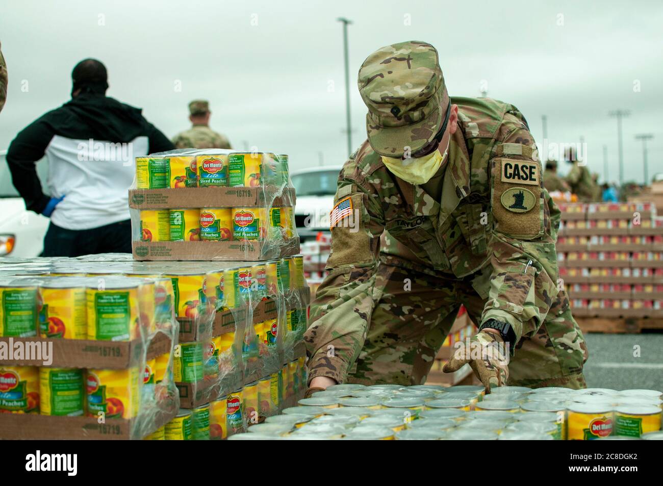 Spc. Eric Taylor, ein Soldat der Delaware Army National Guard, verarbeitet Pfirsichdosen während einer Mission zur Lebensmittelverteilung auf dem Gelände der Sussex Central High School in Georgetown, Delaware, 18. Mai 2020. Während der Drive-Thru-Veranstaltung verteilten Mitglieder der Delaware National Guard und Freiwillige der Food Bank of Delaware Tausende von Pfund dringend benötigter Speisekammer-Artikel, um die erhöhte Nachfrage nach Nahrungsmittelhilfe während der Coronavirus-Pandemie zu decken. (USA Foto der Armee-Nationalgarde von Capt. Brendan Mackie) Stockfoto